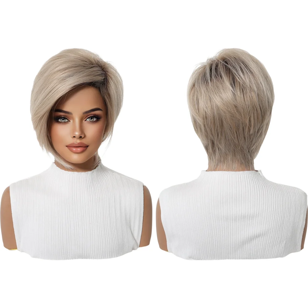 

Ombre Blonde Short Pixie Cut Wigs with Side Swept Bangs For Women Layered Heat Resistant Synthetic Hair Daily Party Cosplay Use