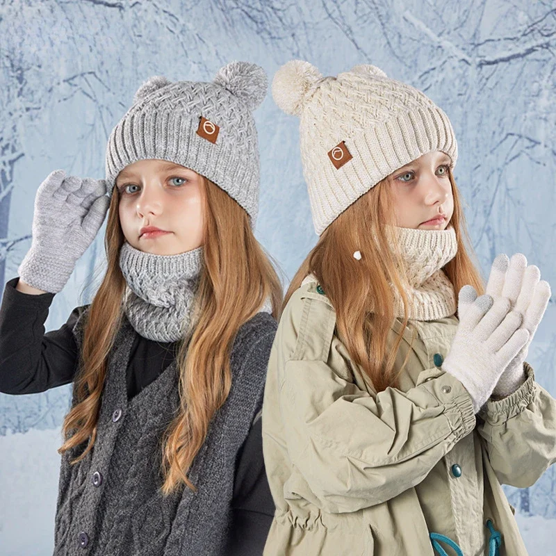 Children's Hat Outdoor Warm Three-piece Set Cute Bear Knitted Wool Hat Boys and Girls Fleece Ear Protector Pullover Hat