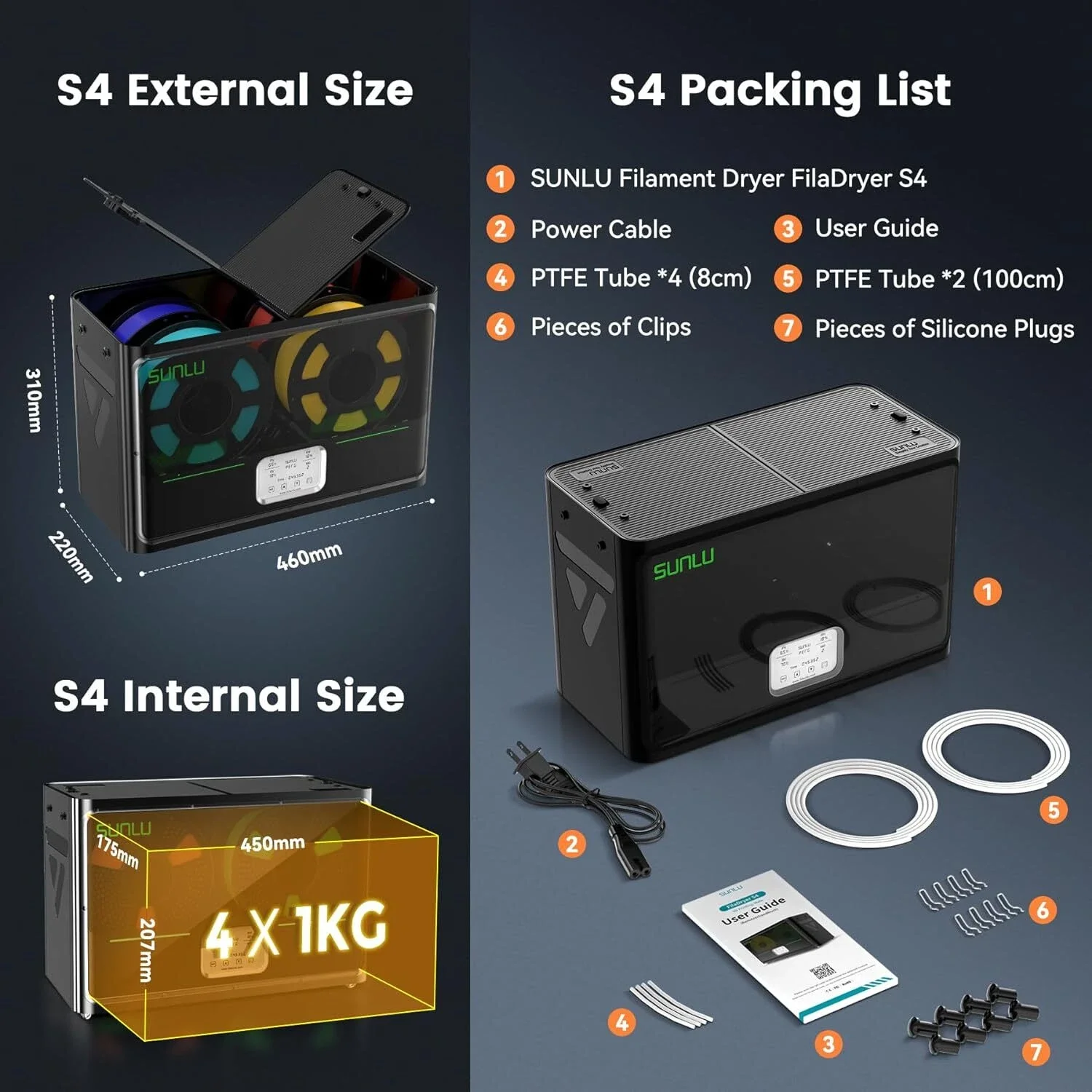 SUNLU S4 3D-filamentdroger Ondersteuning PLA PETG PLA + 4 rollen 1 kg 1,75/2,85/3 mm filamentuitrusting Eenvoudige bediening Gratis en snelle verzending