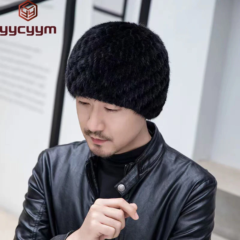 

Winter Men Mink Fur Hats Natural Real Fur Knitted Cap Fashionable Fluffy Grandfather Genuine Fur Beanie Female Black Fur Caps