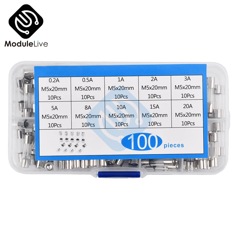 100PCS Fast Blow Glass Fuse Box Kit 5x20 250V For Circuit Current Protection 5*20mm,0.2/0.5/1/2/3/4/5/6/7/8/10/15/20/25/30A