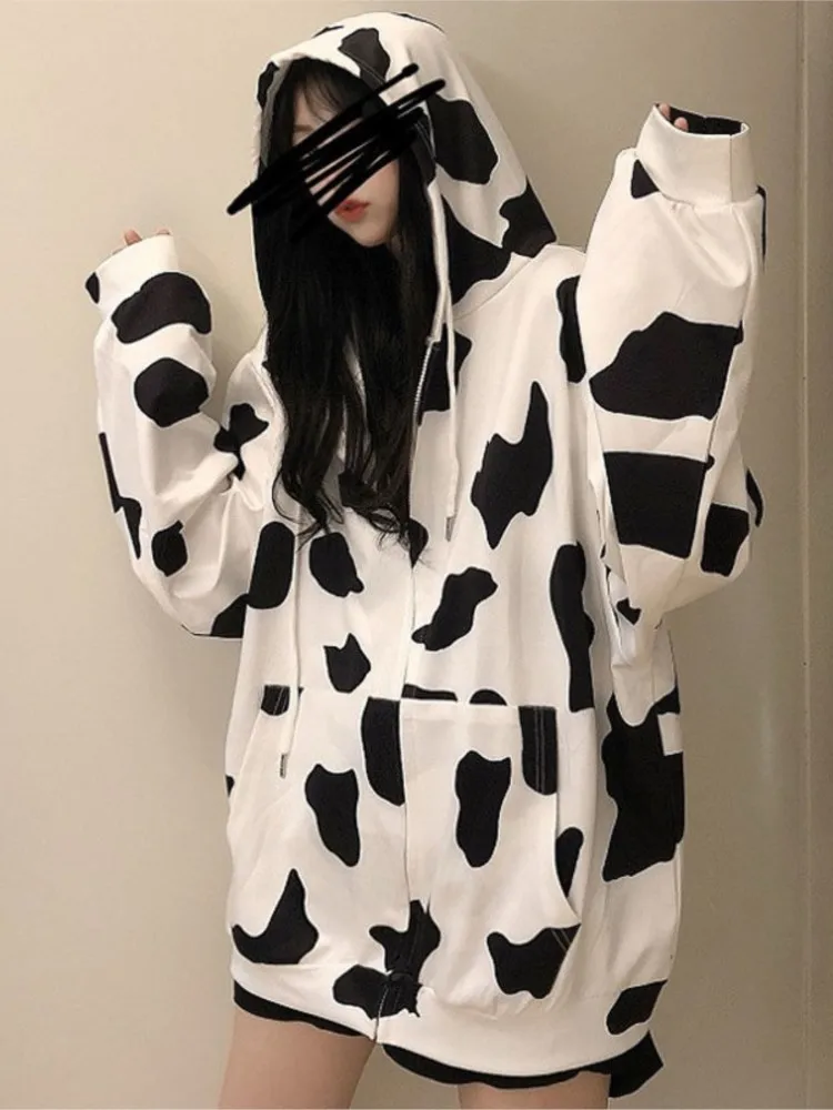 Autumn coat new cow black and white sweater hooded long-sleeved loose and simple all-match student boys and girls fashion tops