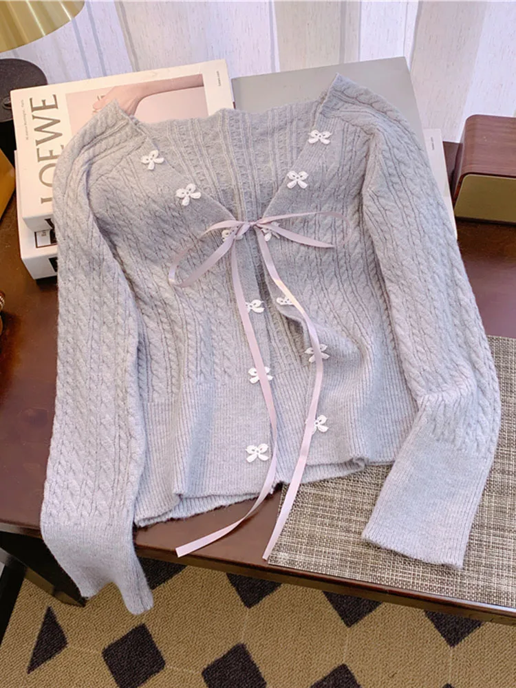 Preppy Style V-Neck Lace Up Bow Knitted Cardigan Women Grey Sweet Kawaii Jacquard Sweater Autumn Winter Design Loose Crop Tops