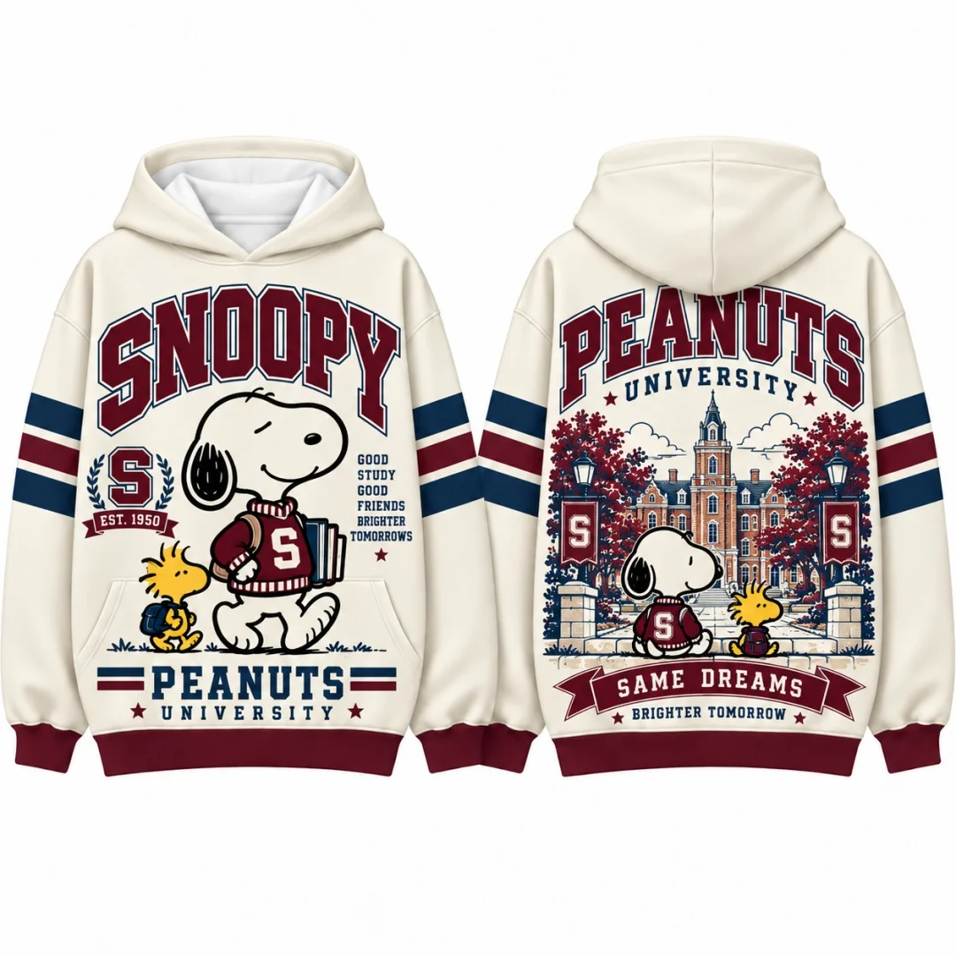 Snoopy Peanuts Hoodie Men Women Vintage University Campus Hooded Sweatshirt Striped Sleeve Kangaroo Pocket Loose Streetwear