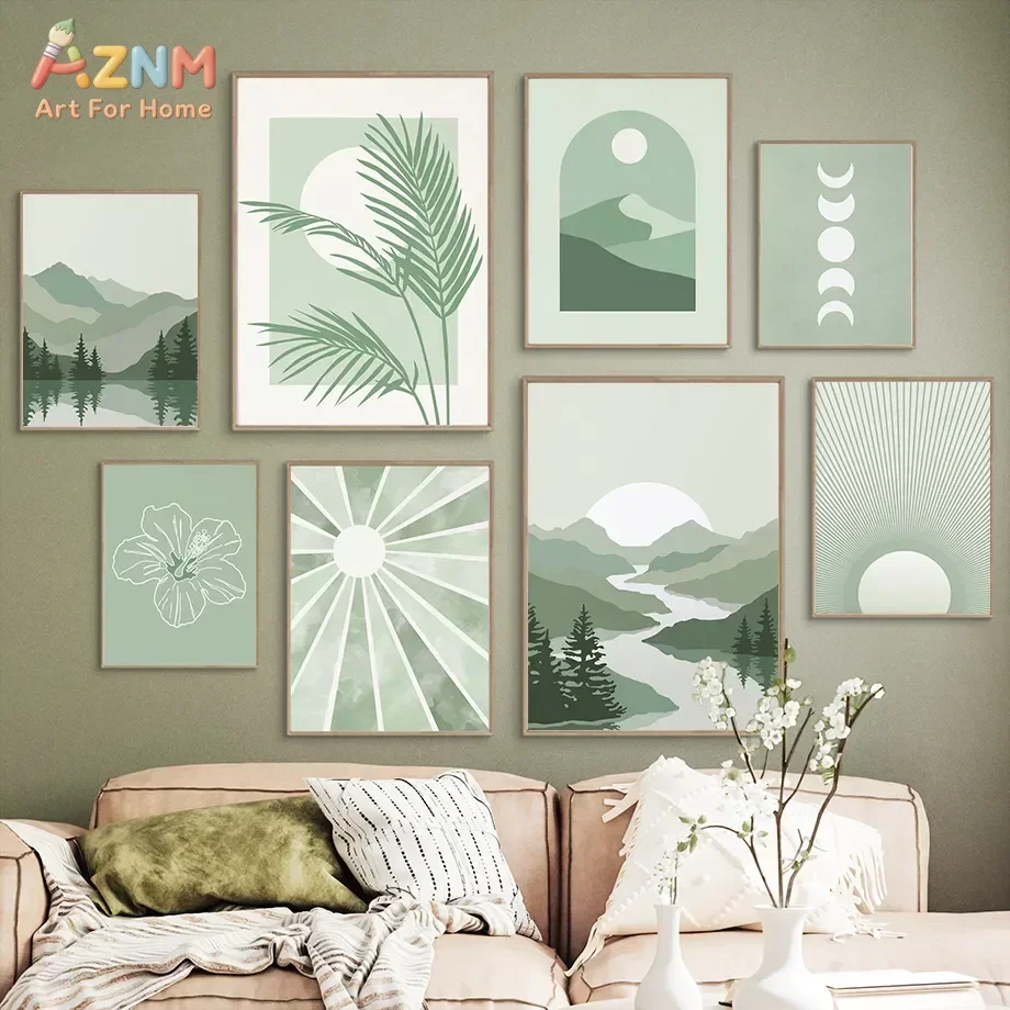 AZNM Sage Green Boho Nature Canvas Wall Art Mountain River Moon Phase Palm Leaf Sun Geometric Print Unframed Canvas Painting for