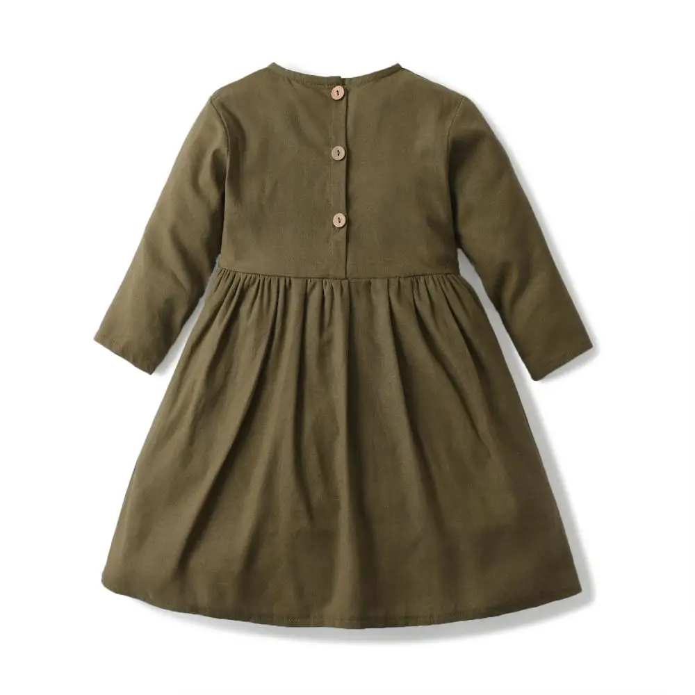 Clibeso Korean Girls Princess Dresses Children Wear Plain Pleated Clothing Baby Girl Clothes Toddler Long Sleeve Linen Button