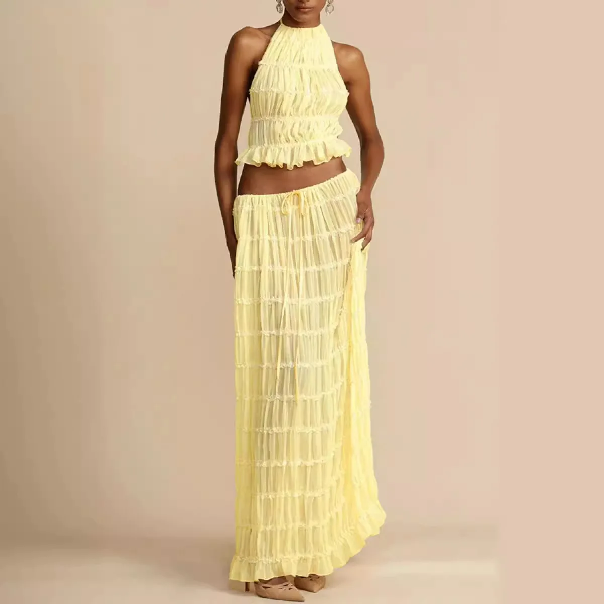 

Женская модная повседневная длинная юбка, сексуальный топ без рукавов с открытой спиной и высокой талией, женская шикарная юбка для пляжного отдыха