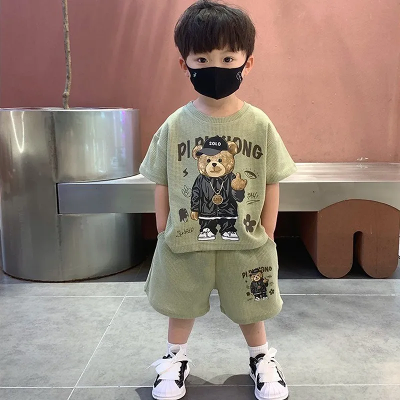 1-12Y Kids Boys T-shirt+Shorts 2-piece Clothes Set Korean Style Fashion Handsome Suit Cartoon Bear Summer Sports Casual Clothing