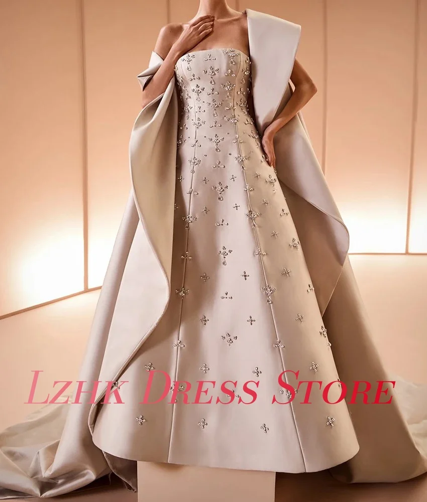 Vestido de noche de cristal con chal de satén exquisito personalizado, vestidos de fiesta hasta el suelo sin tirantes de alta calidad