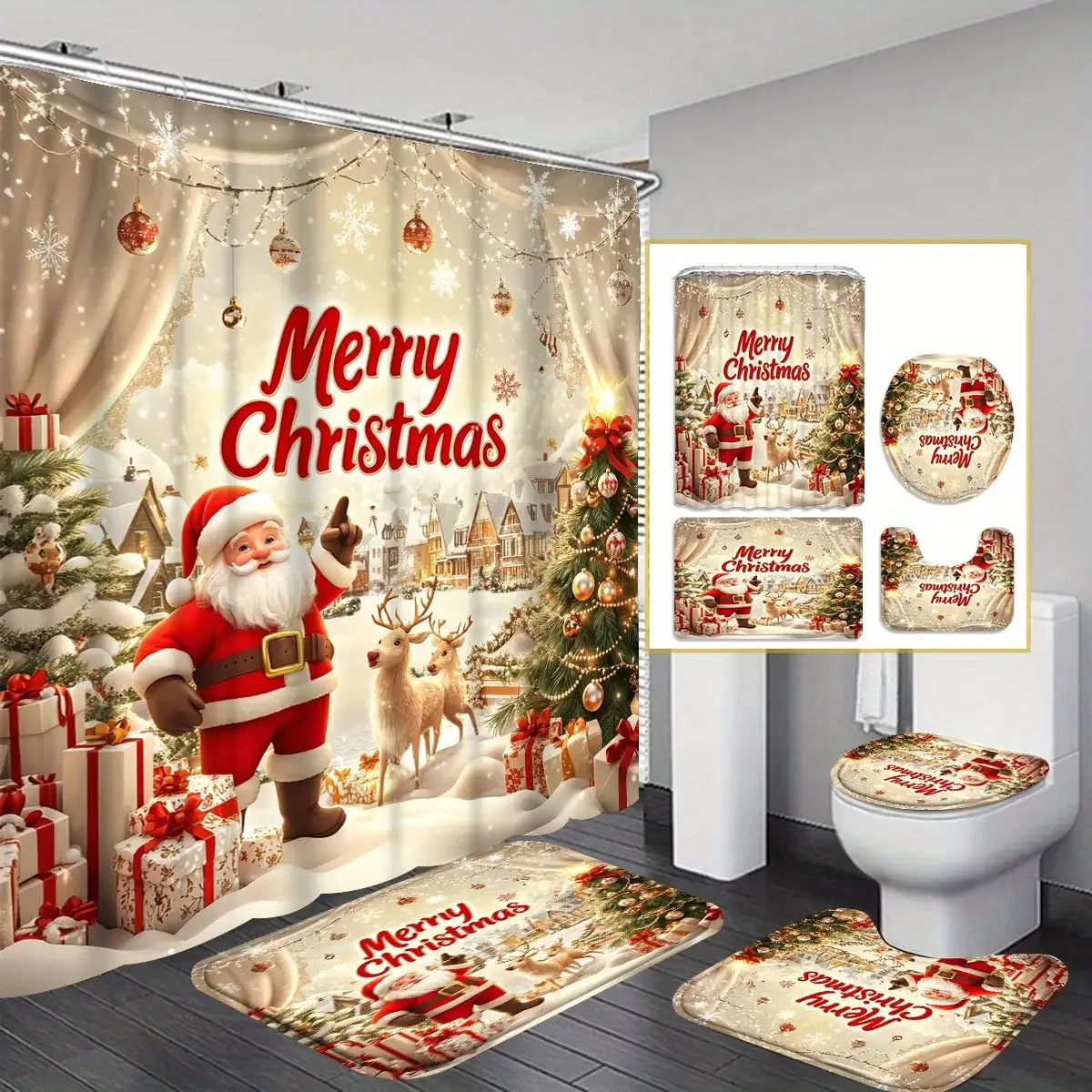 

Christmas Santa & Snowflake Bathroom Set, Shower Curtain Toilet Cover Mat, Machine Washable Red Gold Green White Holiday Decor