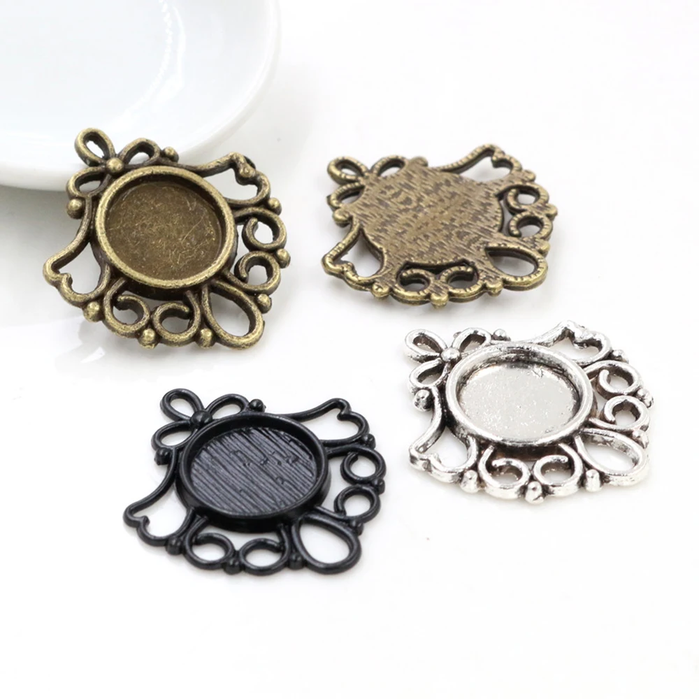 20pcs 12mm Inner Size Antique Silver Plated and Bronze and Black Colors Fashion Style Cabochon Base Cameo Setting Charms Pendant