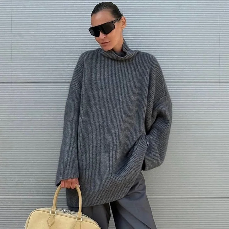 

Talenza Women Knitted Loose Dress Fashion New Fall Winter High Neck Dress Vintage Elegant Female Streetwear Casual Commute Dress