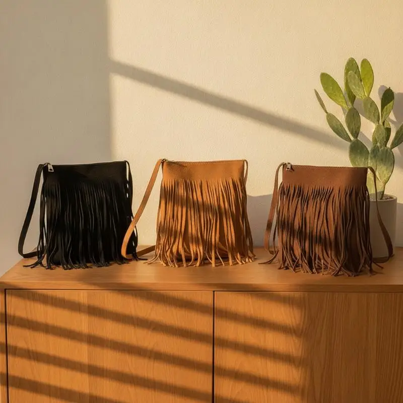 Boho Suede Fringe Crossbody Bucket Bag Waterproof Large Capacity Adjustable Strap for Women Work Holiday Travel