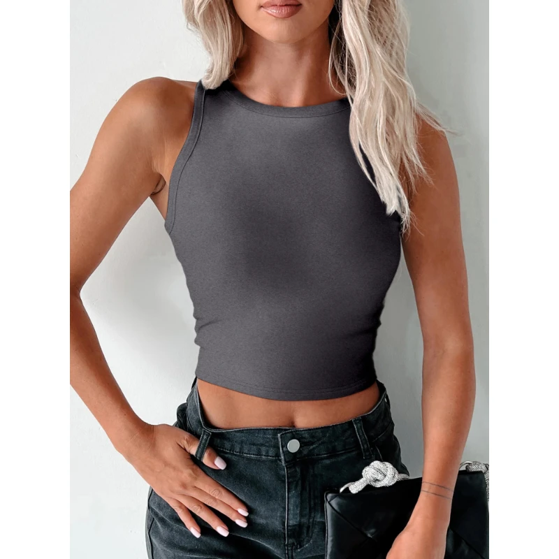 

Women's Tops Summer New Stretch Waist Solid Colour Tight Sleeveless Tops Round Neck Cool Breathable Female Tank Top