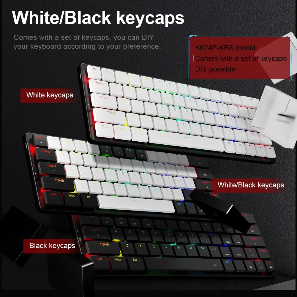 REDRAGON Elise Pro K624P RGB Super Slim Teclado Mecânico Para Jogos Suporte USB Sem Fio Bluetooth 2.4G 63 Teclas para Compute PC