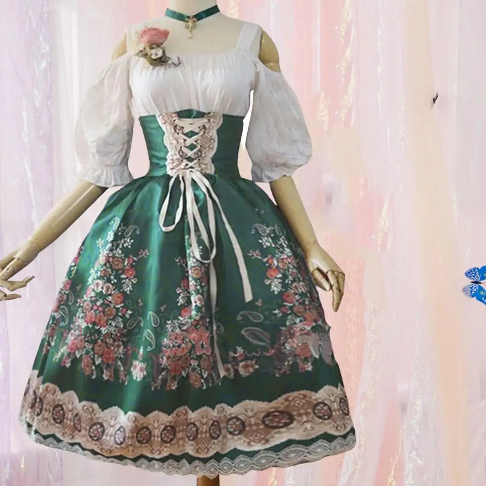 A-line Shape Dress Elegant Lolita Princess Style A-line Dress with Lace Floral Printing Off Shoulder Design for Halloween