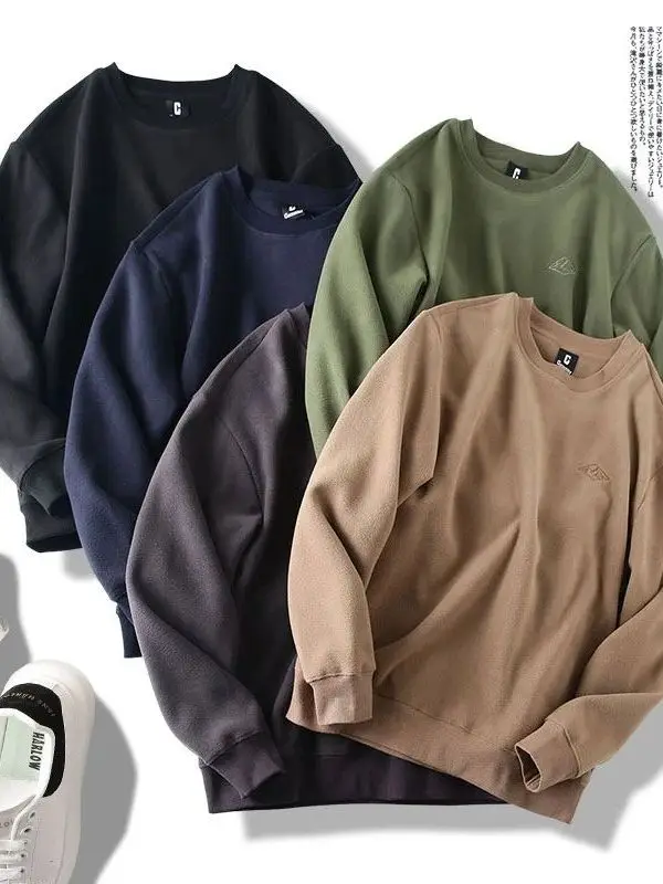 

Утепленный двусторонний флисовый свитшот свободного кроя с круглым вырезом для мужчин: модный, ветрозащитный, повседневный, с длинными рукавами и дизайнерским логотипом