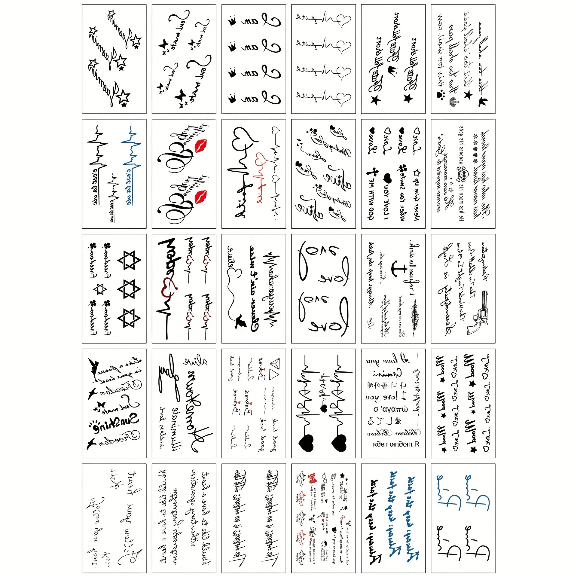 30pcs/set Fake Tattoo for Men Women Wrist Hand Leg Neck English Writing Quote Electrocardiogram Star Tattoo Stickers Disposable