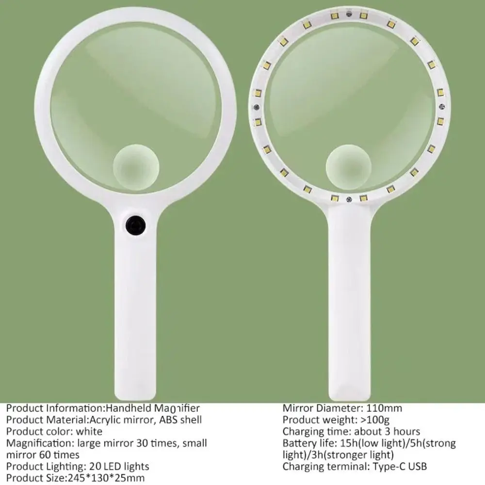 Durable Reading Glasses 40/30/20X Rechargeable Magnifying Glasses 3 Light Modes Illuminated LED Lighted Magnifier Repair