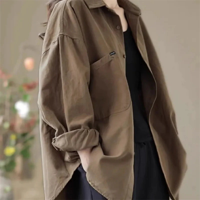 Fashion Single-breasted Solid Color Jackets Tops Female Spring All-match Loose Casual Long Sleeve Pockets Coats Women\'s Clothing