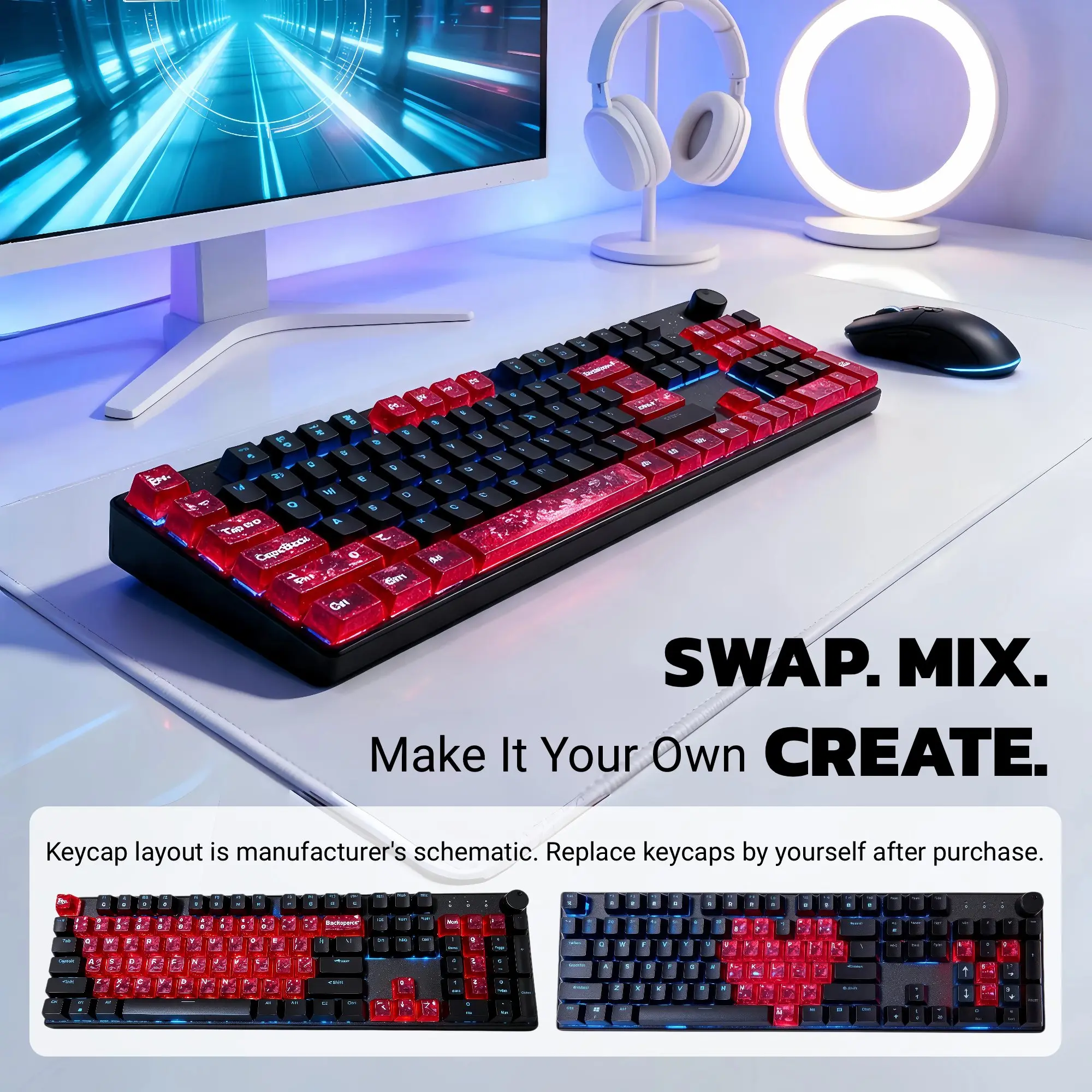 Hot Swap Mechanical Keyboard 104 Key Type-C Wired Brown Switch Gaming Keyboard with Rotary Knob & Optional Keycaps Kit