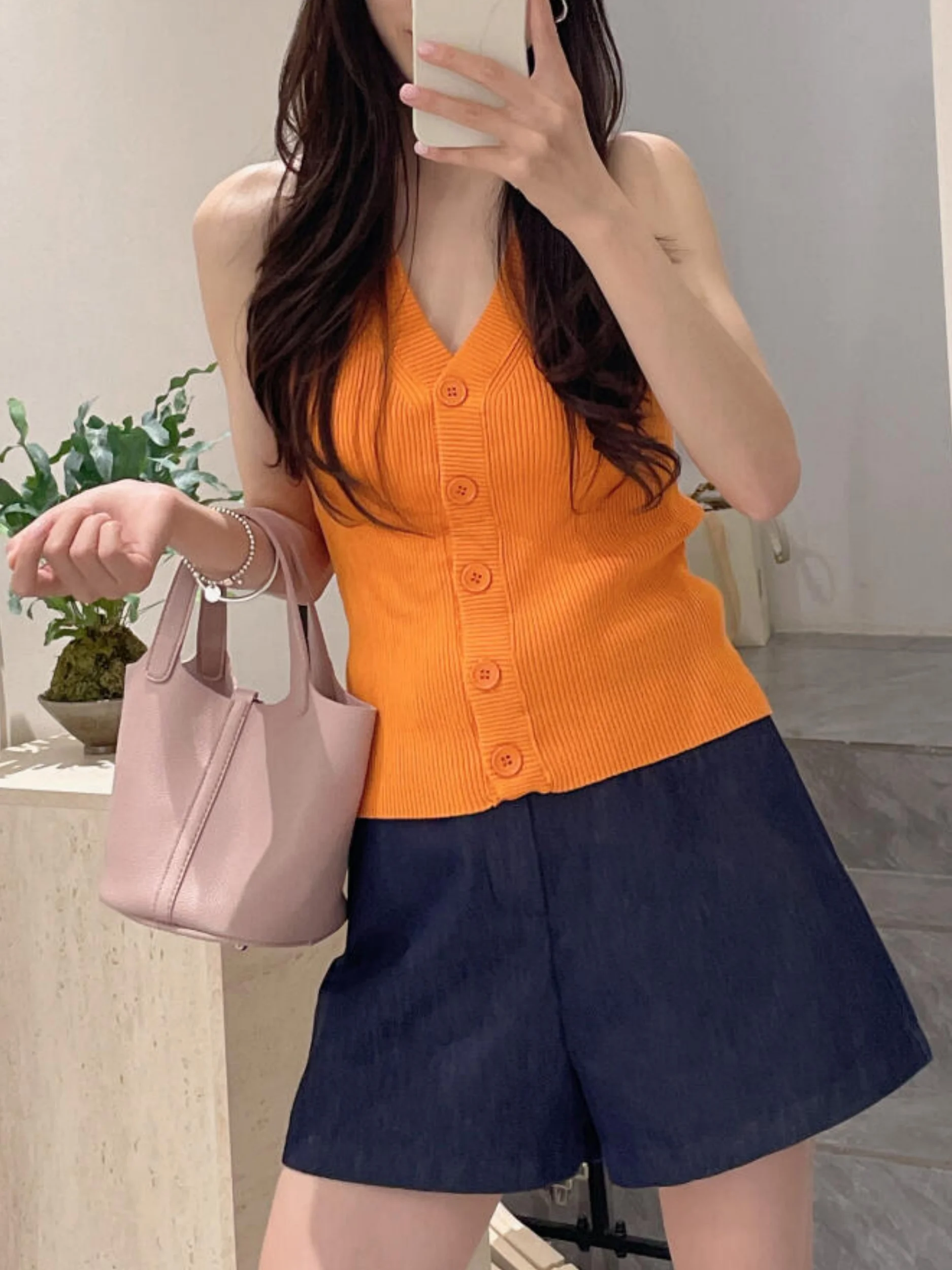 Orange Knitted Halter Neck Vest Women's Summer Slim Fit Ice Silk Design Sensual V-Neck Top Commute Style Single Piece Thin Re...