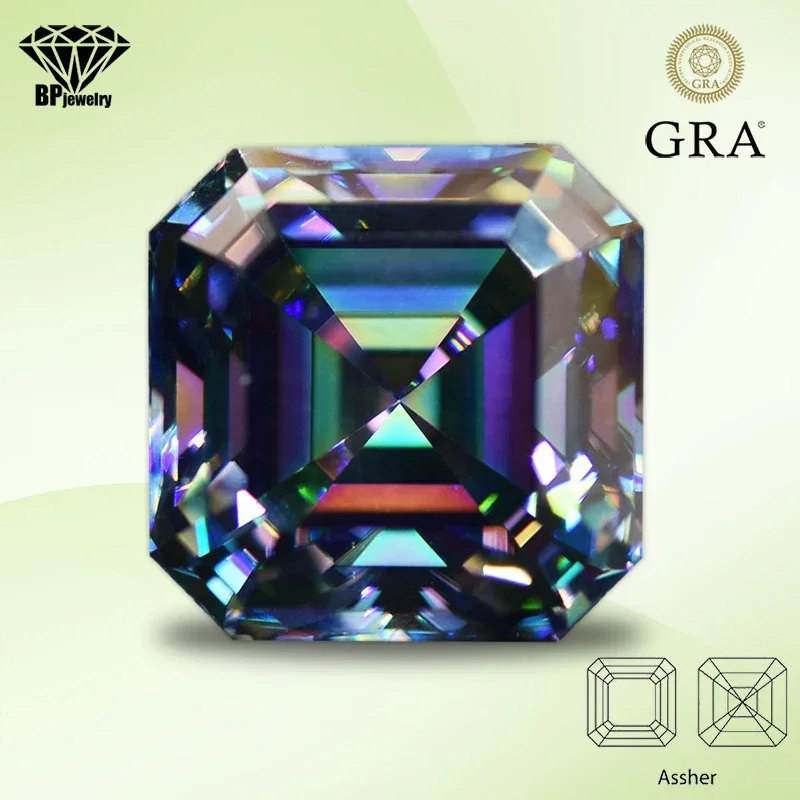 

Moissanite Stone Rainbow Green Color Asscher Cut Gemstone Lab Created Heat Diamond for Charms Women Jewelry with GRA Certificate