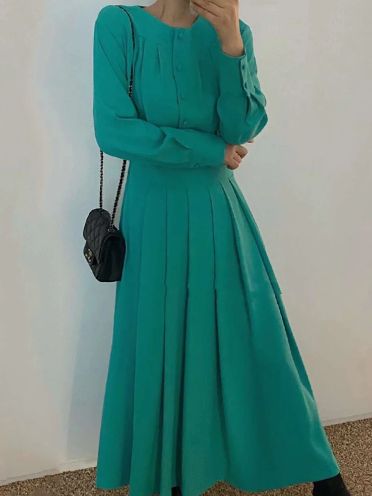 

2022 Green Vestido Straight Casual Cithing Elegant o Neck Single Breasted Pleated Ladies Dress Autumn New Long Sleeve