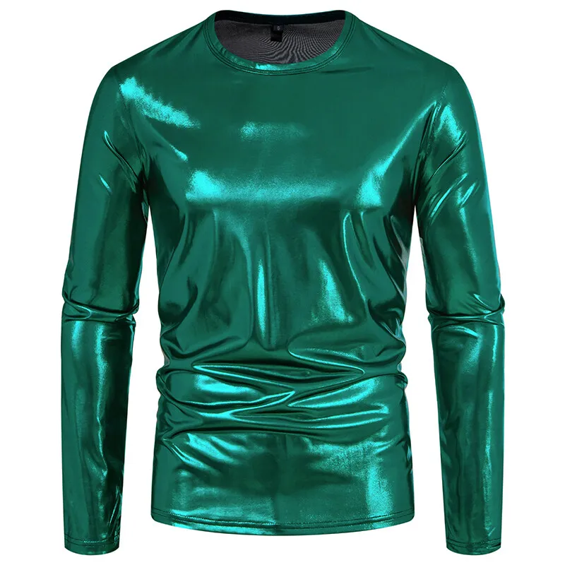 Men's Shiny Metallic T-Shirts Casual O Neck Long Sleeve Top Tees New Fashion Gold Stage Costume Disco Party NightClub Tee