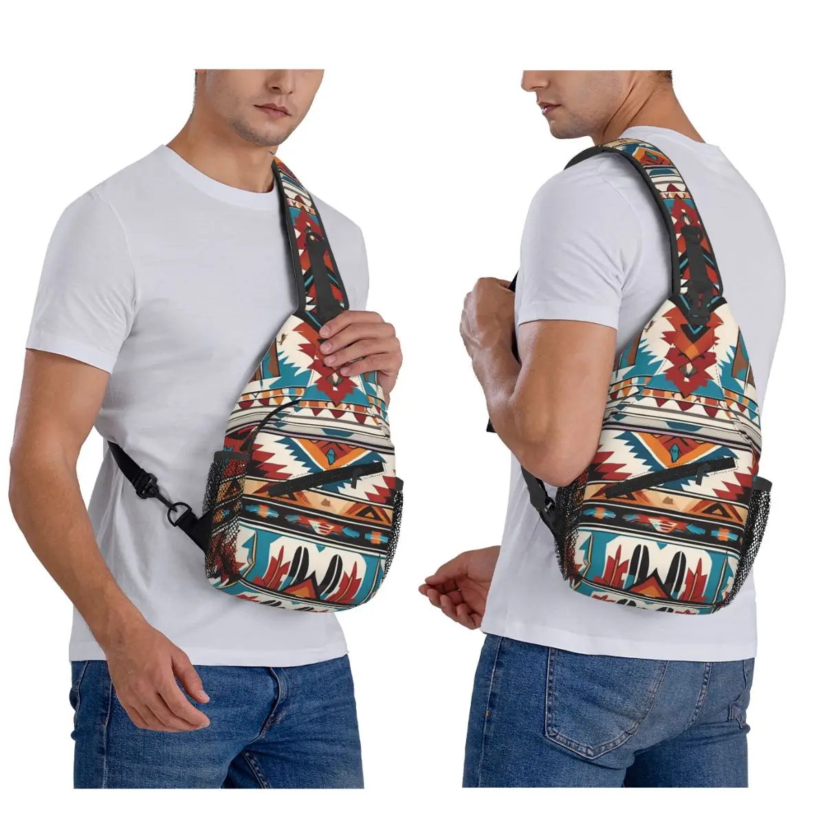 Navajo Watercolor Pattern Chest Bag Men Sling Crossbody Backpack Chest Bag Traveling Hiking Daypack Shoulder Bag