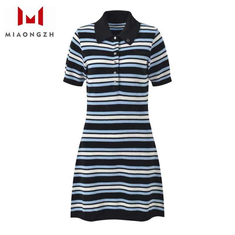 

2025 Summer New Stripes Contrast Color For Women Knitted Dress Turn Down Collar Short Sleeved Ladies Fashion Party Dresses Chic