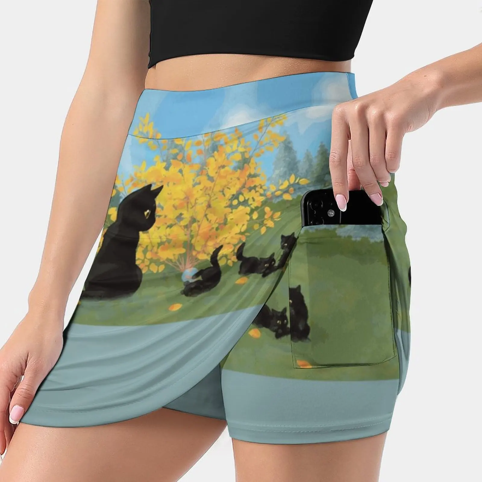 Cat Of Fortune Women'S Fashion Sporting Skirt With Pockets Tennis Golf Running Skirts Black Cat Cat Family Playing Kittens