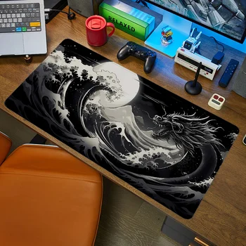 일본 드래곤 대형 마우스 패드, 마우스 매트, 고무 PC 게이머 키보드 패드, 900x400 블랙, Xxl 게임 액세서리