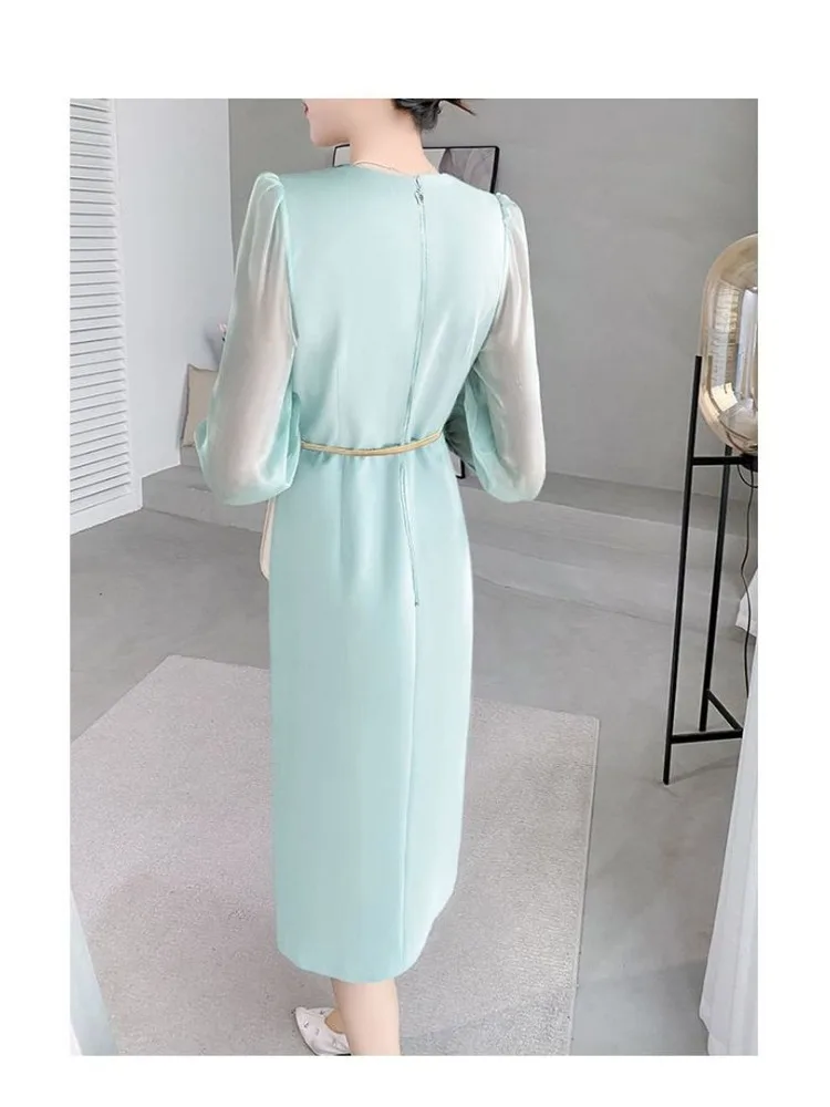 Insozkdg Blue Little Fragrant Work Dress Long Maxi Elegant Fashion Spring Celebrity Temperament Professional Commuting Korean