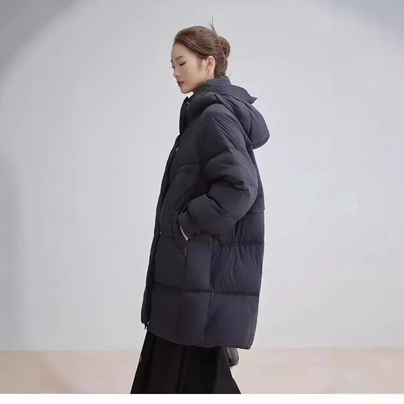 Nueva chaqueta de invierno de longitud media para mujer, con capucha, capullo de flor, gruesa, cálida, holgada, ropa de abrigo, abrigo de plumón de pato blanco a la moda