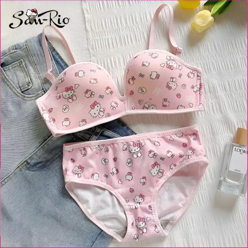 

Hello Kitty Women's Intimates Cartoon Girls Sexy Bra No Wire Push Up Underwear Female's Breathable Gathered Bras Underwears Set