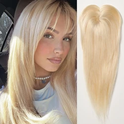12 Inch Human Hair Topper for Women 613 Blonde 100% Remy Human Hair with Bangs 150% Density Top Hairpieces Clip in Lace Base