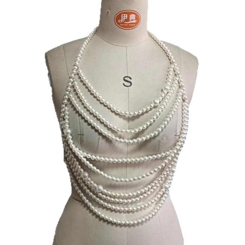 Multi-layer Ivory Pearls Woven Bra Chain Tops Camis Hollow Out Sexy Bikini Crop Top Bra Resin Pearls Body Jewelry Night Clubwear