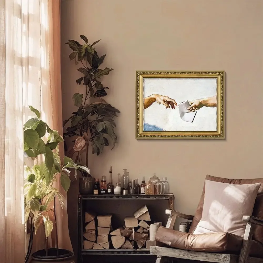 1pc frameless Canvas Painting Funny The Creation Of Adam Toilet Paper Canvas Wall Art Vintage Humor Bathroom Decor Poster Restro