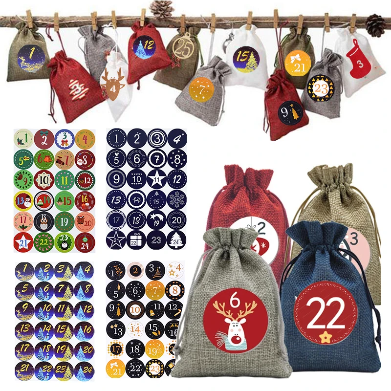 Christmas Advent Calendar Christmas Countdown Gifts Bags 1-24 Number Sealing Sticker Label Tag For Xmas New Year 2024 Noel Gifts