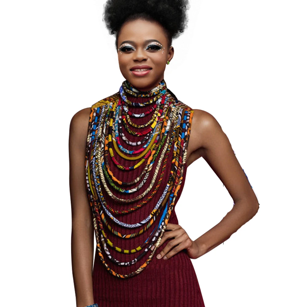 African Multi Strands Statement Choker Necklace Handmade Multi-layered Rope Necklaces Matching1 Headscarf and 10 Bracelets SP152