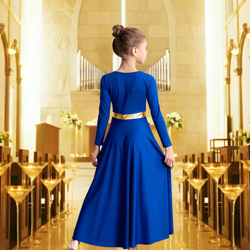 Vestido de baile moderno de alabanza de longitud completa y holgado de manga larga para niña, traje metálico liturgico de adoración, vestido de baile