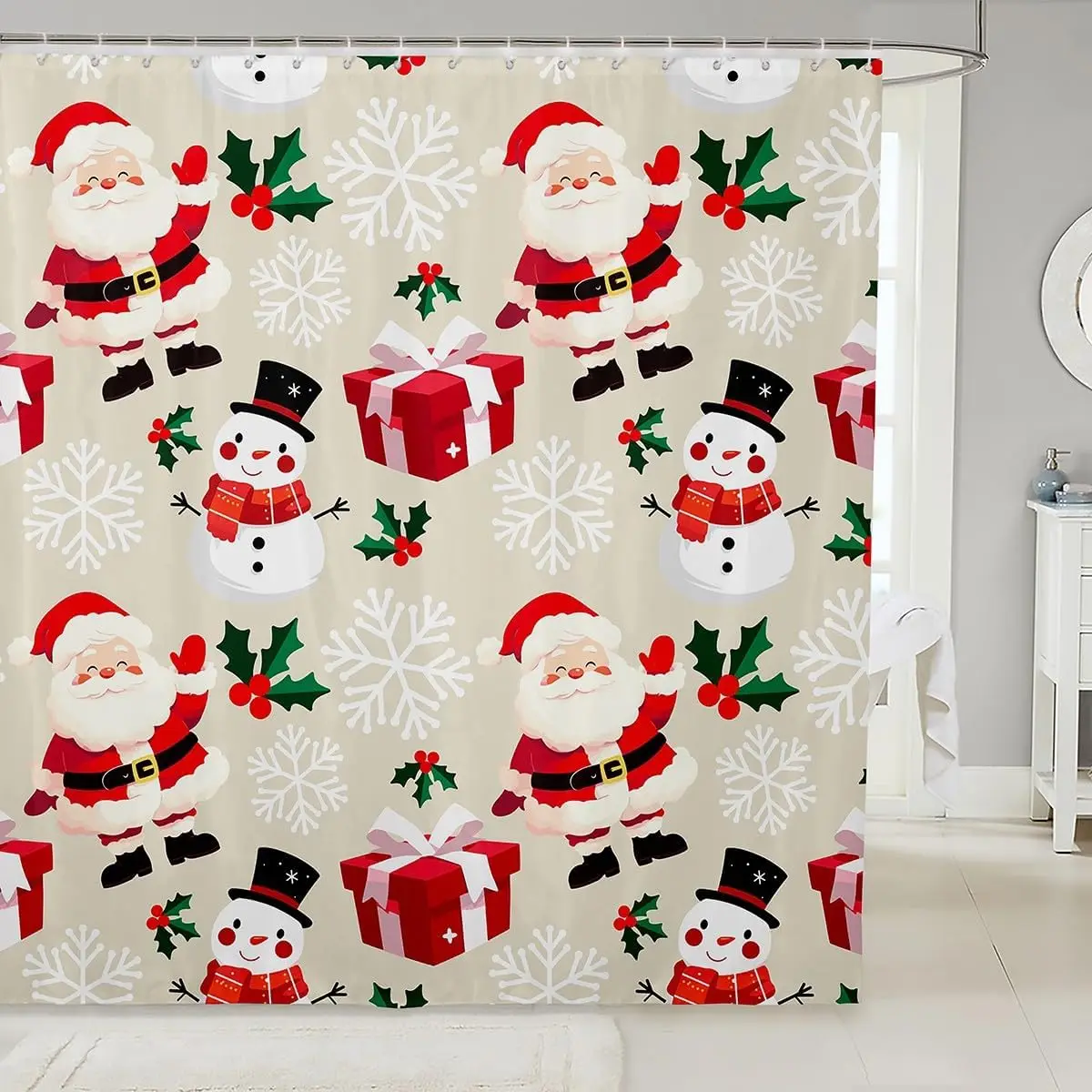 Merry Christmas Shower Curtains Cute Snowman Bathroom Curtain for Kids Women Men Gingerbread Man Bathroom Accessories Pink