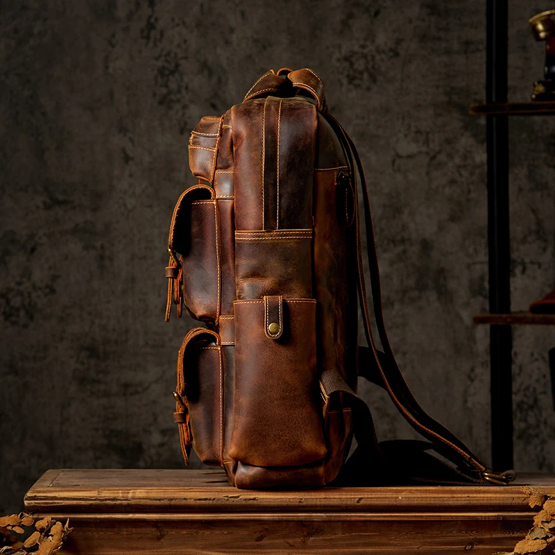 Handmade Cowhide Leather Backpack Vintage Genuine Leather Large Capacity Satchels School Bag Business Office Laptop Knapsack Bag