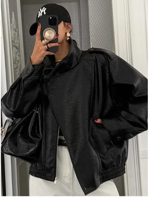 Korean Style Neutral Motorcycle Jacket Short Leather Coat Women's Fashion Spring Autumn Winter Outerwear Street Style