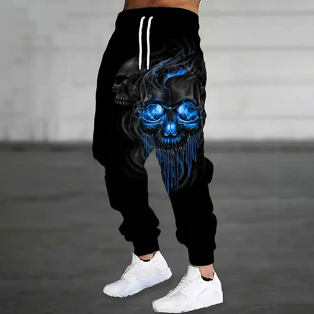 Men Loose Casual Pocket Drawstring Sweatpants Winter New Thick Warm Pants Fashion Skull Printed Sweatpants Men Sports Sweatpants