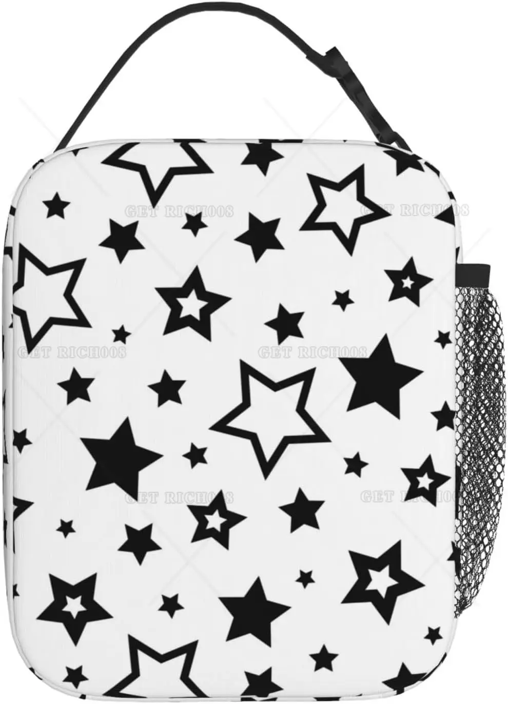 Black Stars In White Portable Lunch Bag Insulated Lunch Box Reusable Totes for Women Men Work Picnic Camping One Size