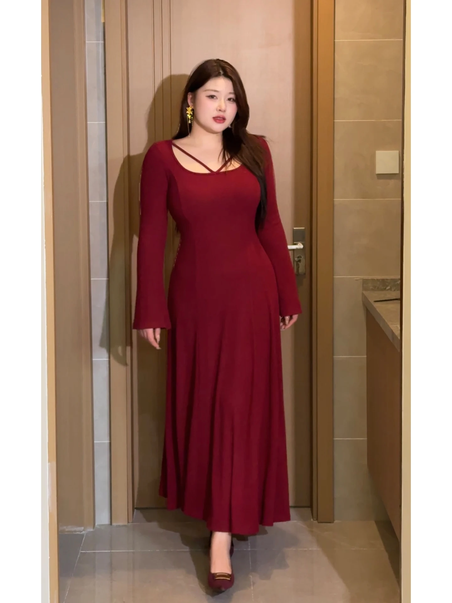 

Red Knitted Gentle Sle Dr plus Size Base Layer Inner Wear for Plump Women Winter Season High Waist Long Sve Maxi Dr