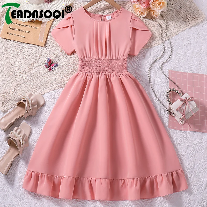 

Детское Повседневное платье для девочек, одежда 2024, летние модные детские узкие трапециевидные платья принцессы с коротким рукавом и высокой талией