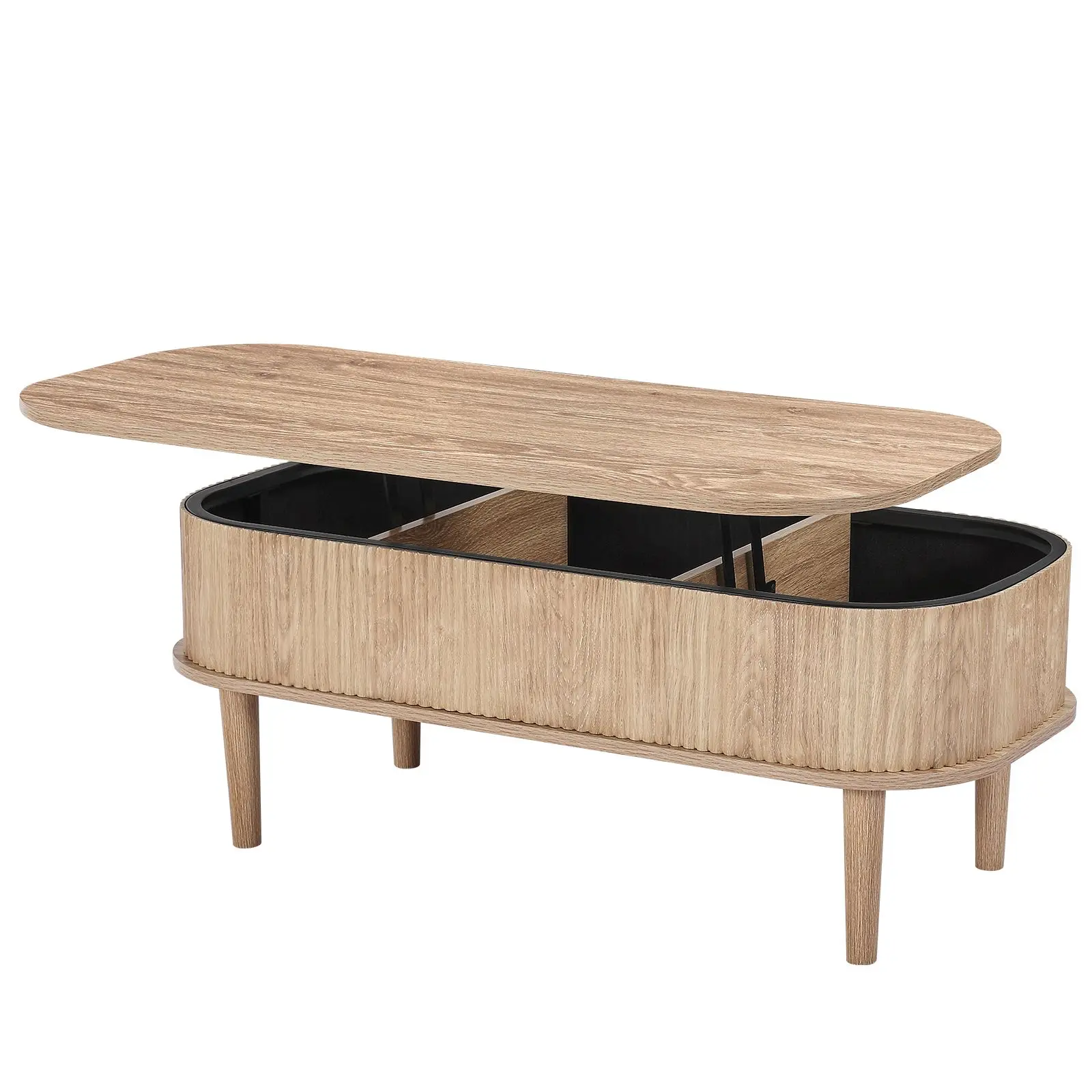 39.4 in Lift Top Coffee Table, Fluted Oval Coffee Table with 3 Hidden Compartment, Mid Century Wooden Oval Center Desk with Stor